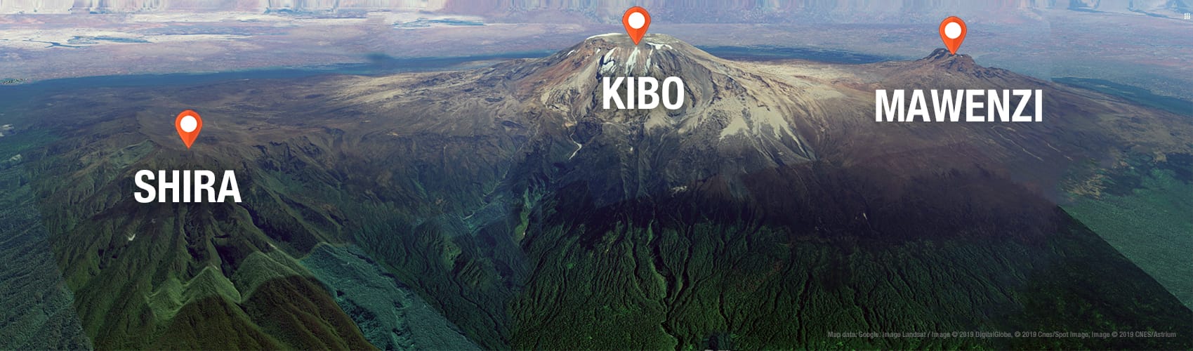 Mount Kilimanjaro, Africa's highest peak, showing its three volcanic cones: Kibo, Mawenzi, and Shira.